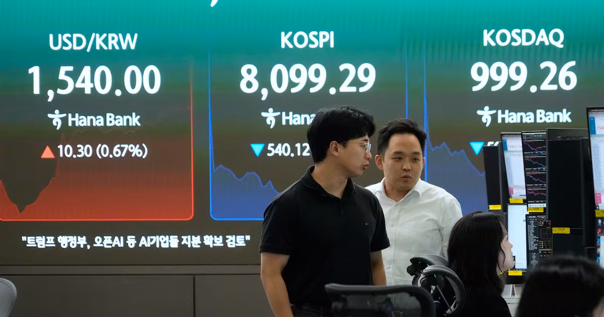 World shares mostly decline, with South Korea's Kospi down more than 5%