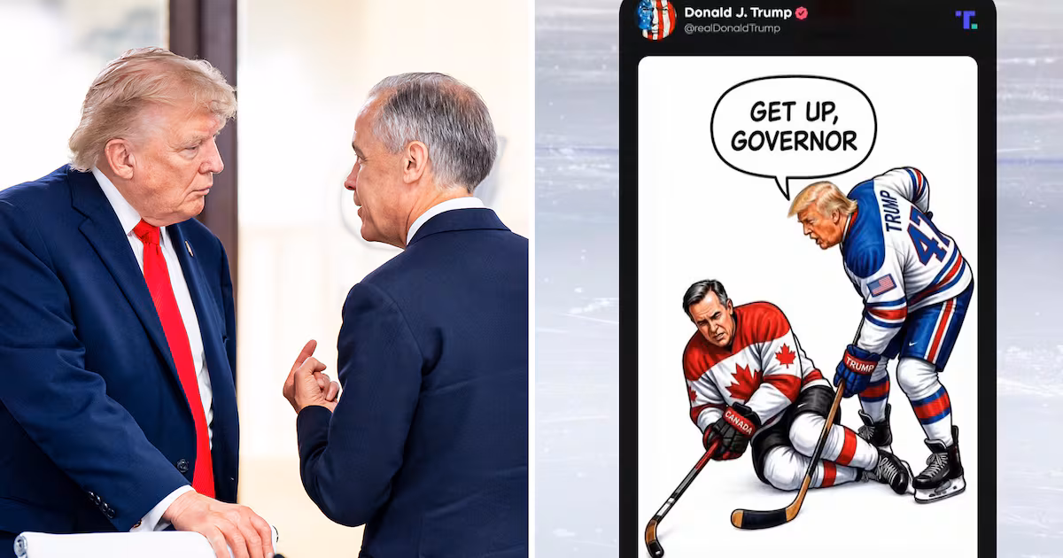‘Get up, governor’: Trump attacks PM Carney with hockey cartoon